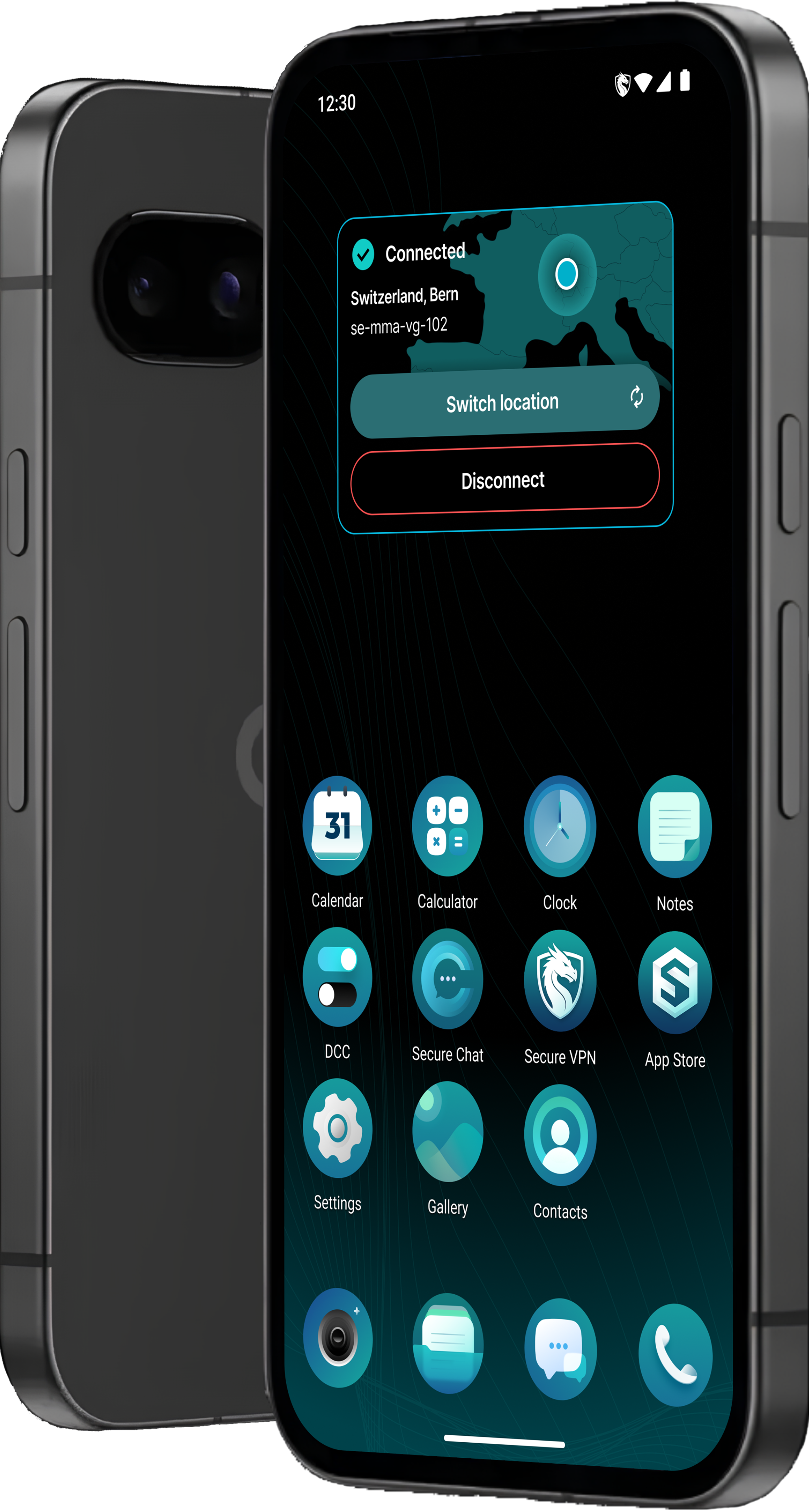 Spectre Phone running Castum OS with secure VPN connection and privacy-focused apps for encrypted communication.